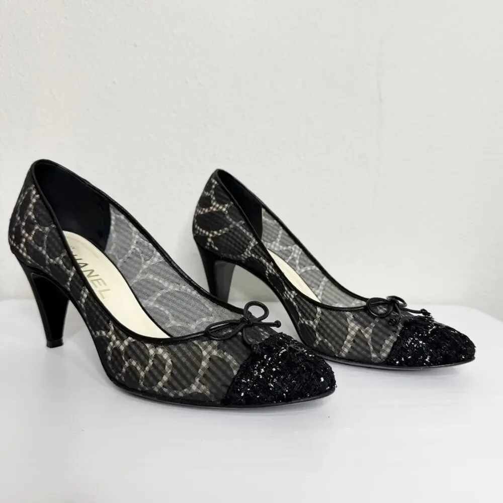 Chanel Black Mesh Tweed Cap Toe Bow Pumps Heels 37.5